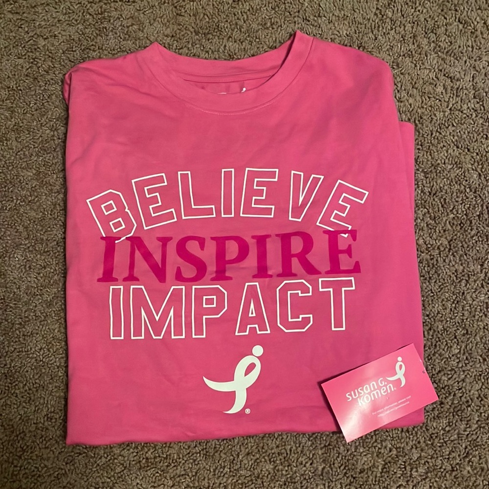 PINK SUSAN G KOMEN BREAST CANCER AWARENESS T SHIRT NWT BELIEVE IMPACT INSPIRE